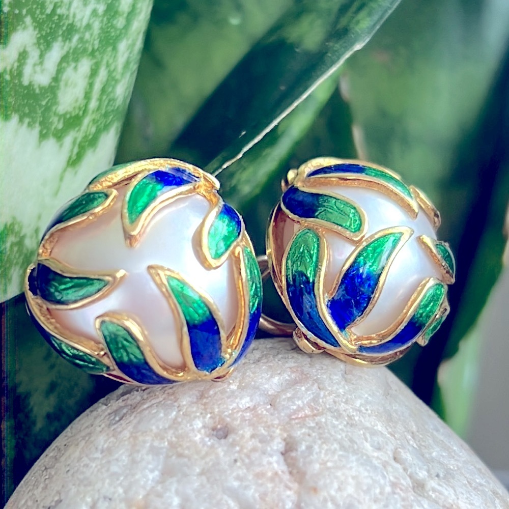 Cellino vintage 18k gold enamel and pearl earrings